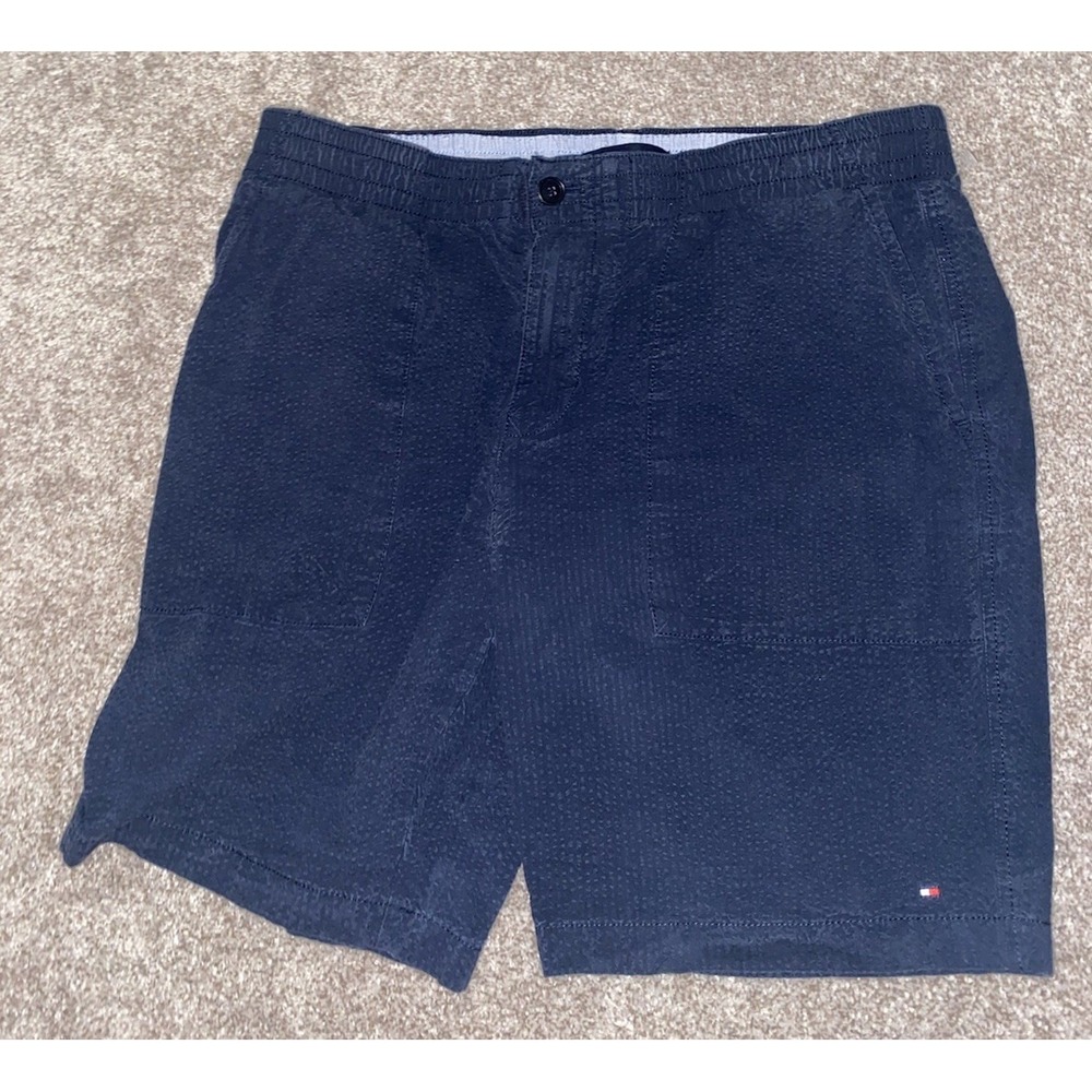 Tommy Hilfiger Shorts Mens 34 Navy‎ Blue Seersucker Chino Pockets Preppy Office